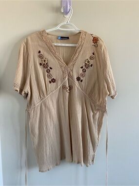 Penningtons Beige Embroidered V-Neck Tunic with Brown Floral Accents
